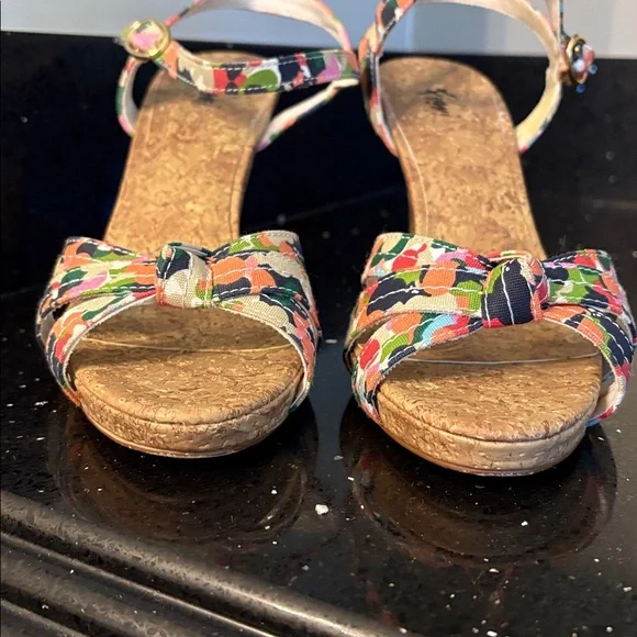 Fiomi Shabby Chic BOHO Floral Abstract Fabric Cork High Heel Stiletto Sandals - Picture 4 of 12